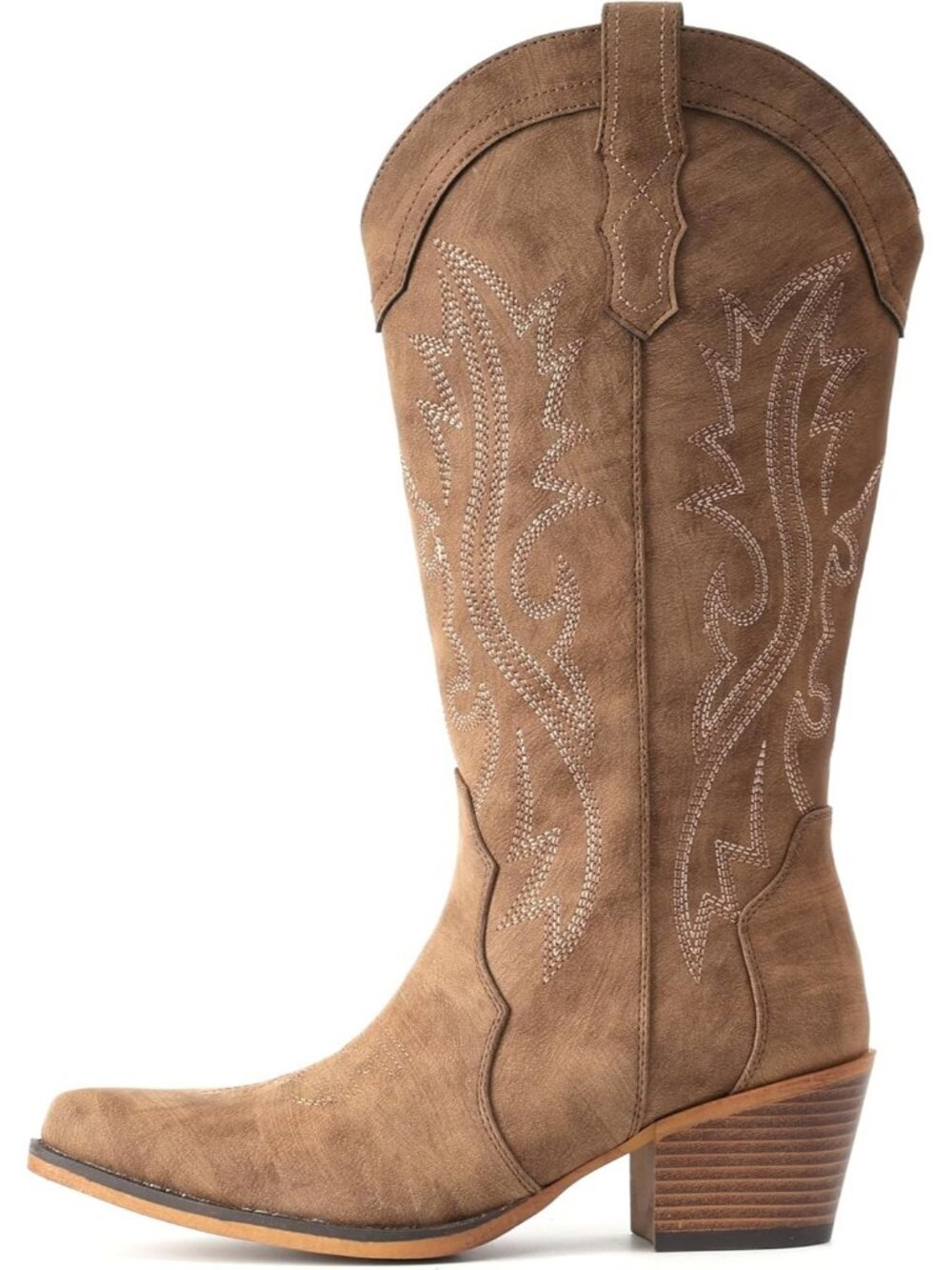 Women's Brown Rubber Mid Calf Embroidered Stitched Pointed Toe Chunky Heel Boots - Picture 4 of 6